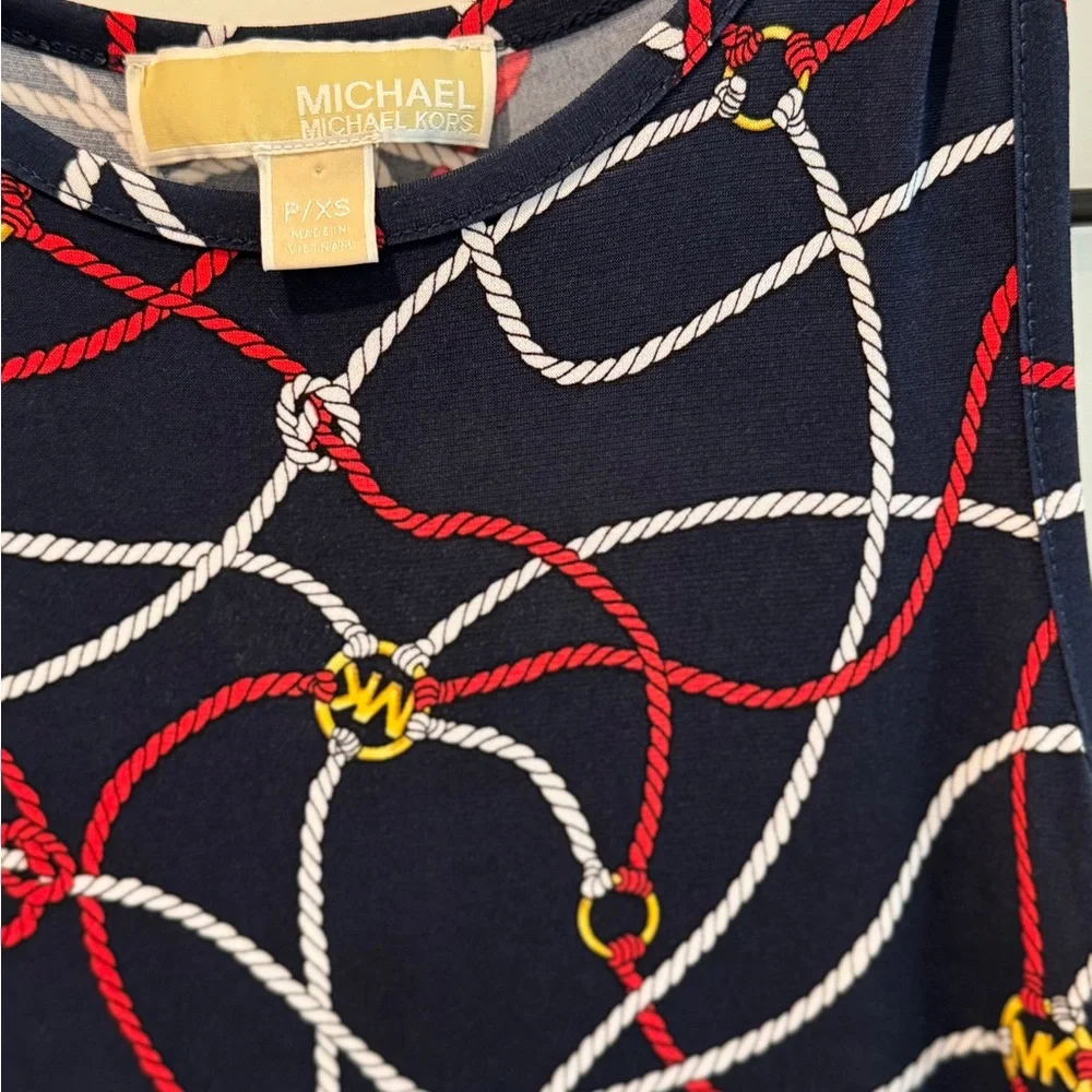 Michael Michael Kors Rope Print Handkerchief Hem Sleeveless Dress Navy Red XSP